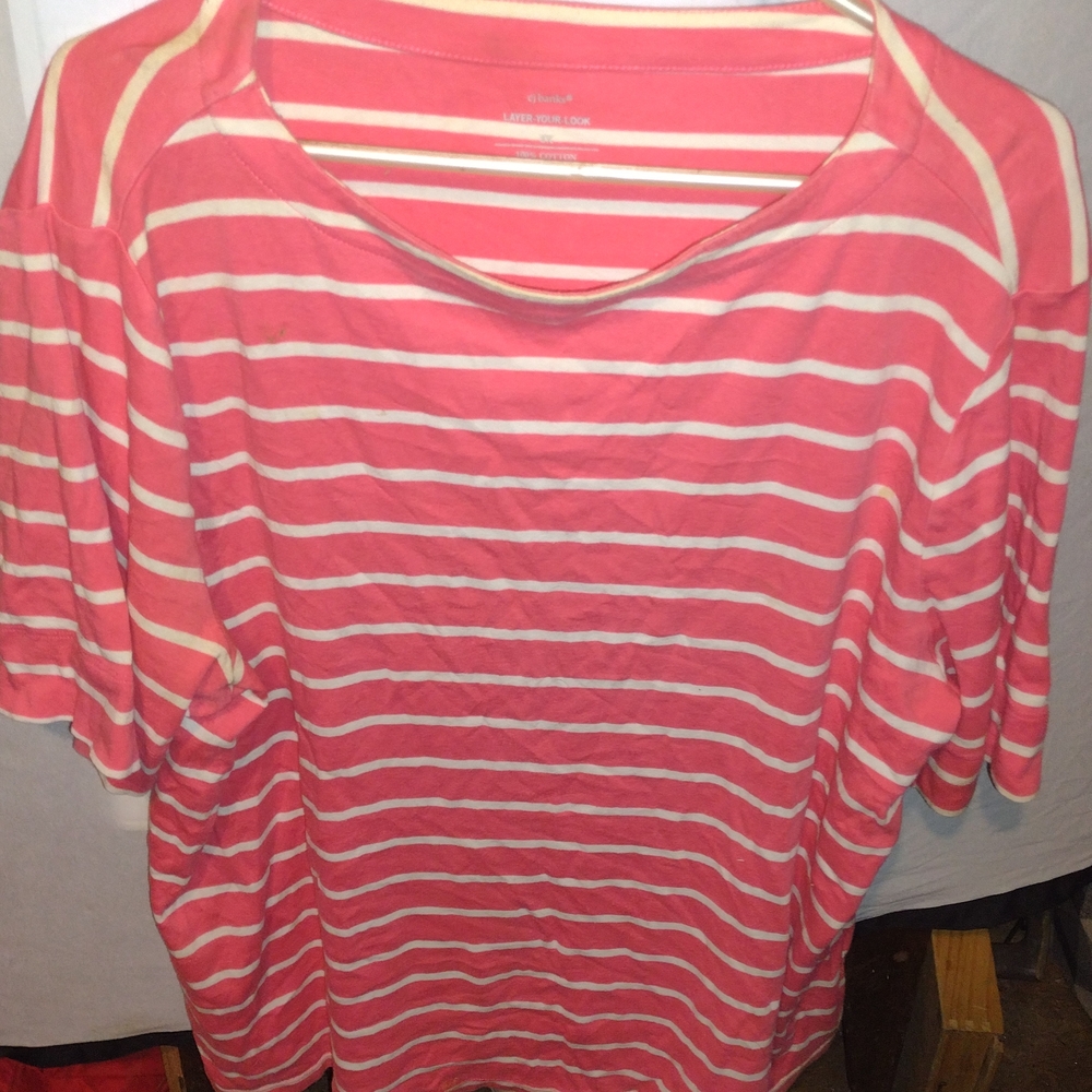 CJ Banks Coral and White Striped Short Sleeve Top